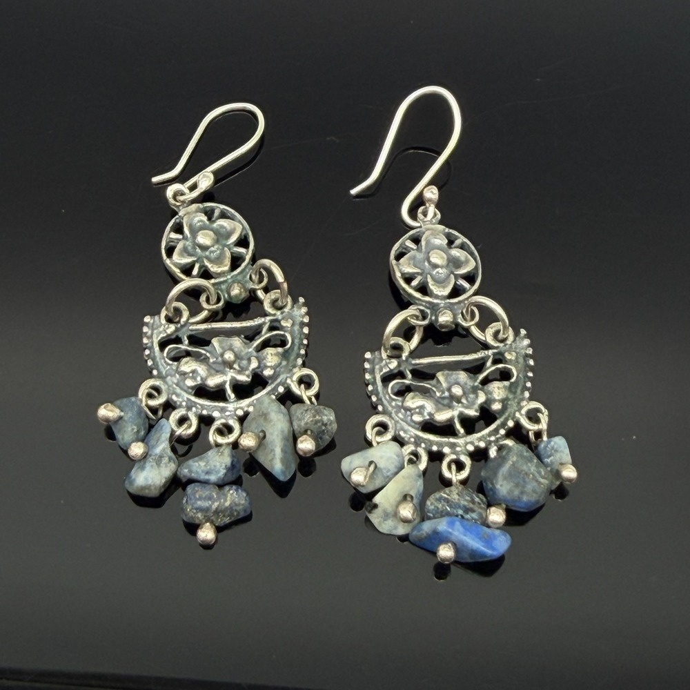 Vintage Designer Esperanza Mexico 925 Floral Chandelier Earrings Blue Stones